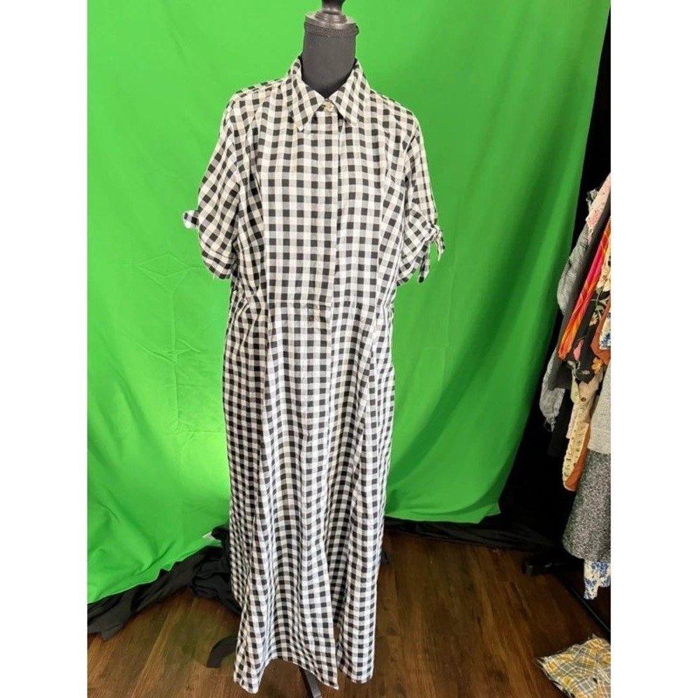 Calvin Klein Women 14W Black White Gingham Maxi Shirt Dress Tie Sleeve - Picture 1 of 11